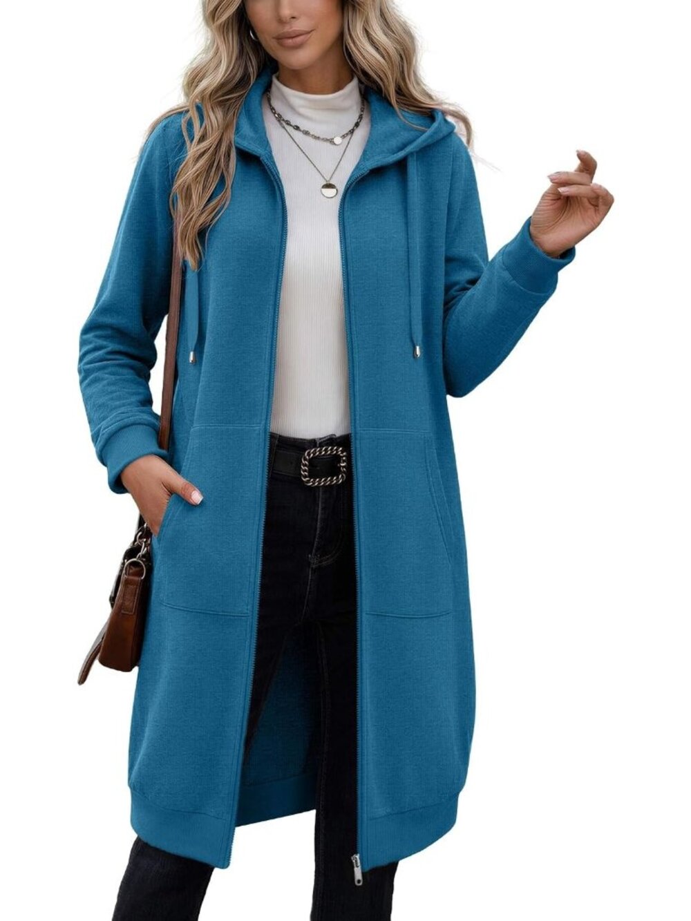 Women's Blue Longline Fleece Hoodie Full Zip Oversized Duster Coat Pockets